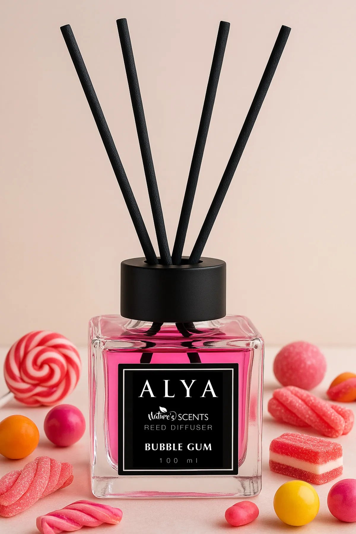 Odorizant de Cameră BUBBLE GUM – ALYA | Reed Diffuser cu Bețișoare din Ratan – 100 ml