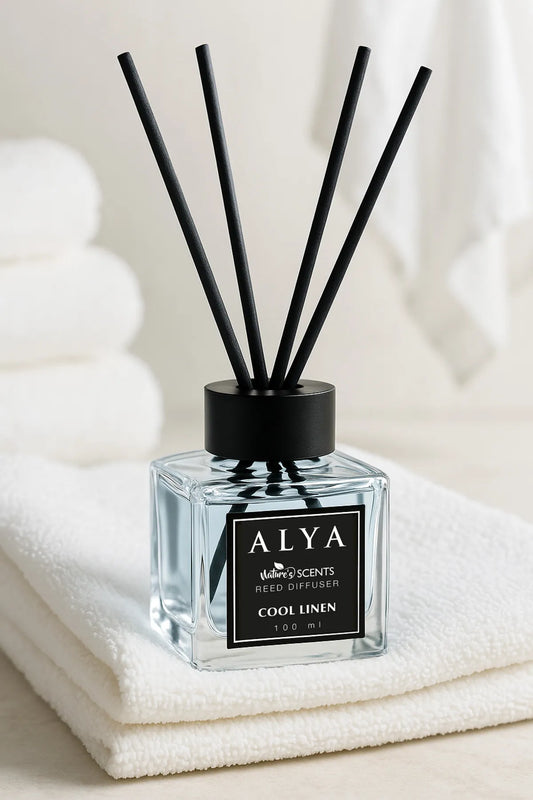 Odorizant de Cameră COOL LINEN – ALYA | Reed Diffuser cu Bețișoare din Ratan – 100 ml