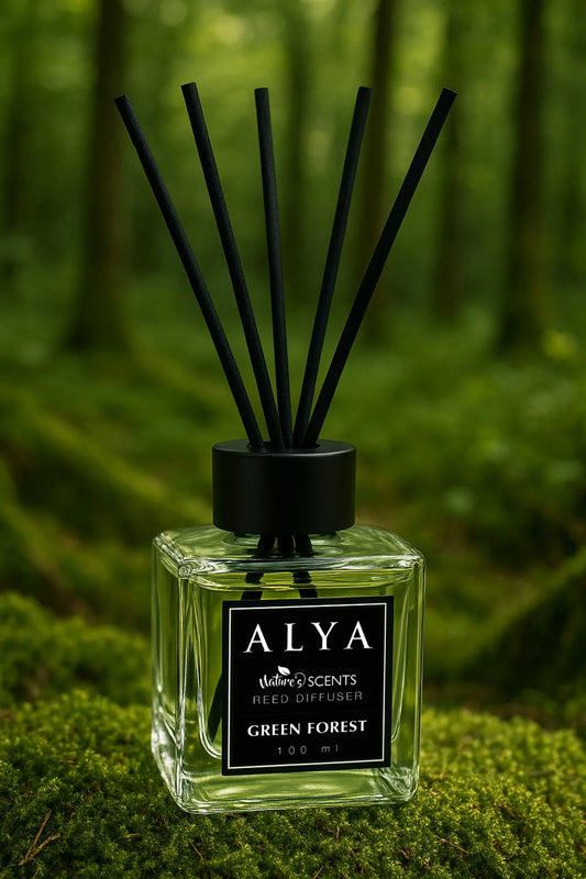 Odorizant de Cameră GREEN FOREST – ALYA | Reed Diffuser cu Bețișoare din Ratan – 100 ml