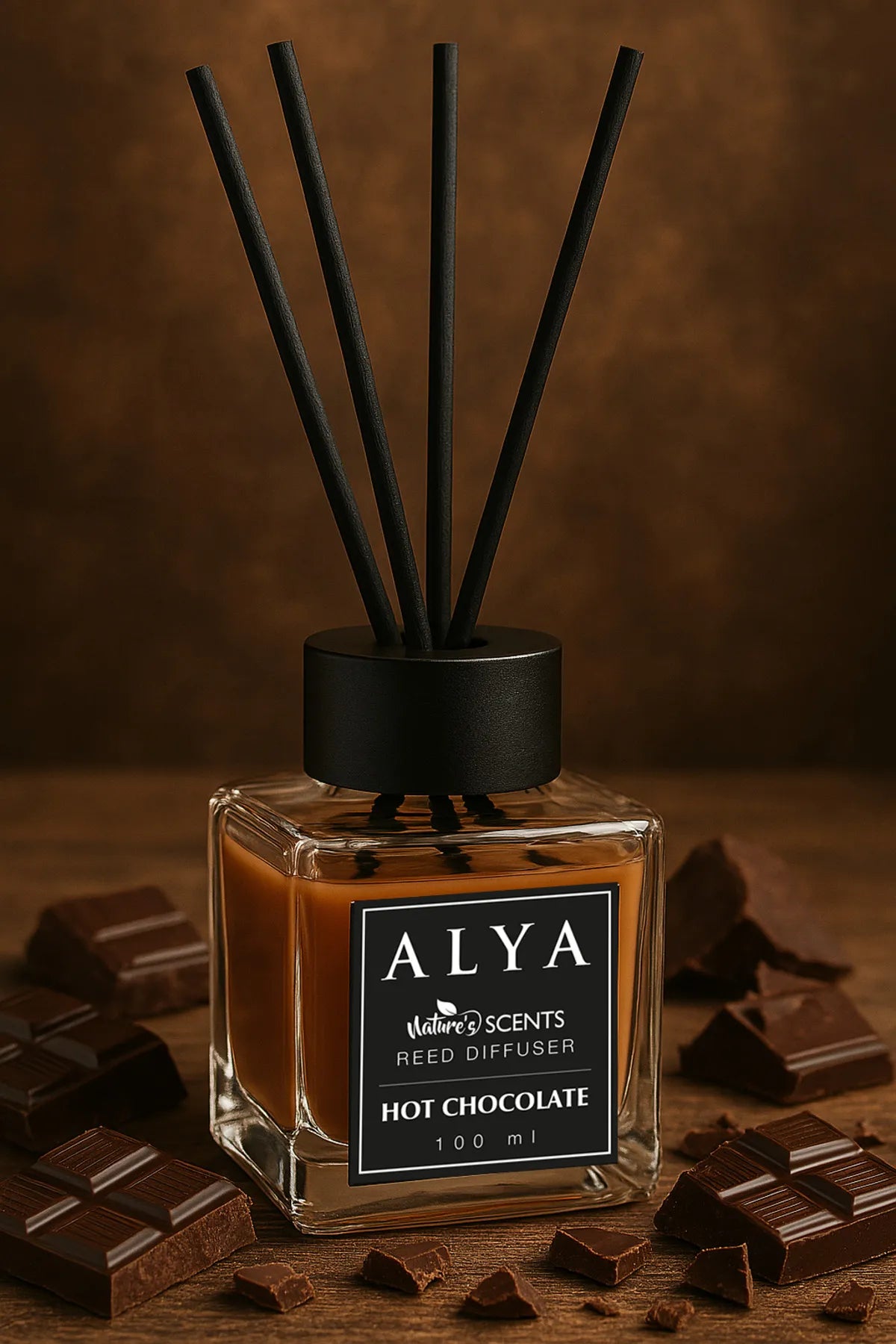 Odorizant de Cameră HOT CHOCOLATE – ALYA | Reed Diffuser cu Bețișoare din Ratan – 100 ml