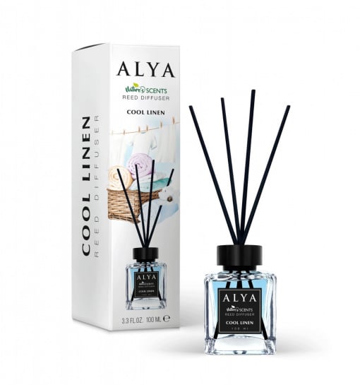 Odorizant camera Alya Cool Linen – reed diffuser 100 ml cu betisoare ratan.