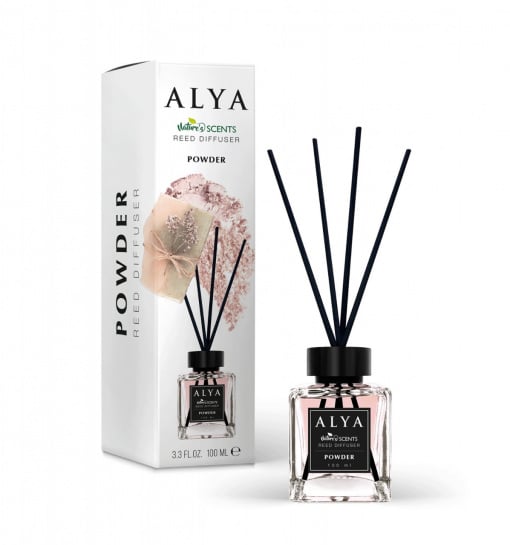 Odorizant camera Alya Powder – reed diffuser 100 ml cu betisoare ratan.