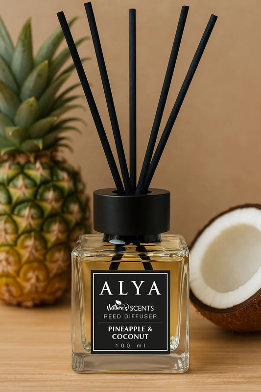 Odorizant de Cameră PINEAPPLE & COCONUT – ALYA | Reed Diffuser cu Bețișoare din Ratan – 100 ml